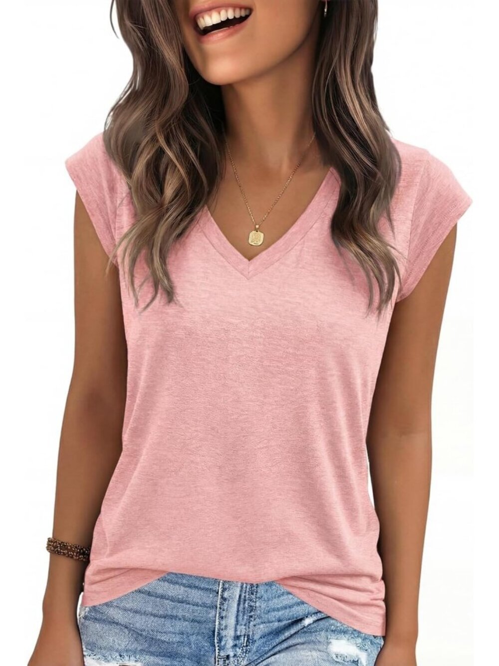 Women's Pink Cap Sleeve T Shirt V Neck Cute Trendy Casual Summer Comfortable Top